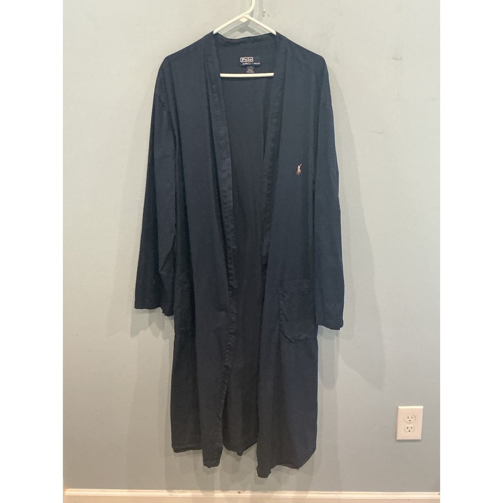 Vintage Polo Ralph Lauren Mens Lightweight Cotton Robe L XL Navy Blue Logo Belt